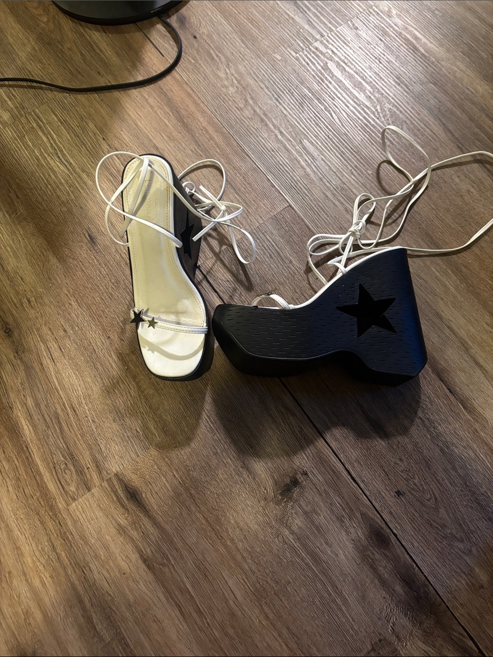 White Lace-Up Platform Sandals with Black Star Wedge